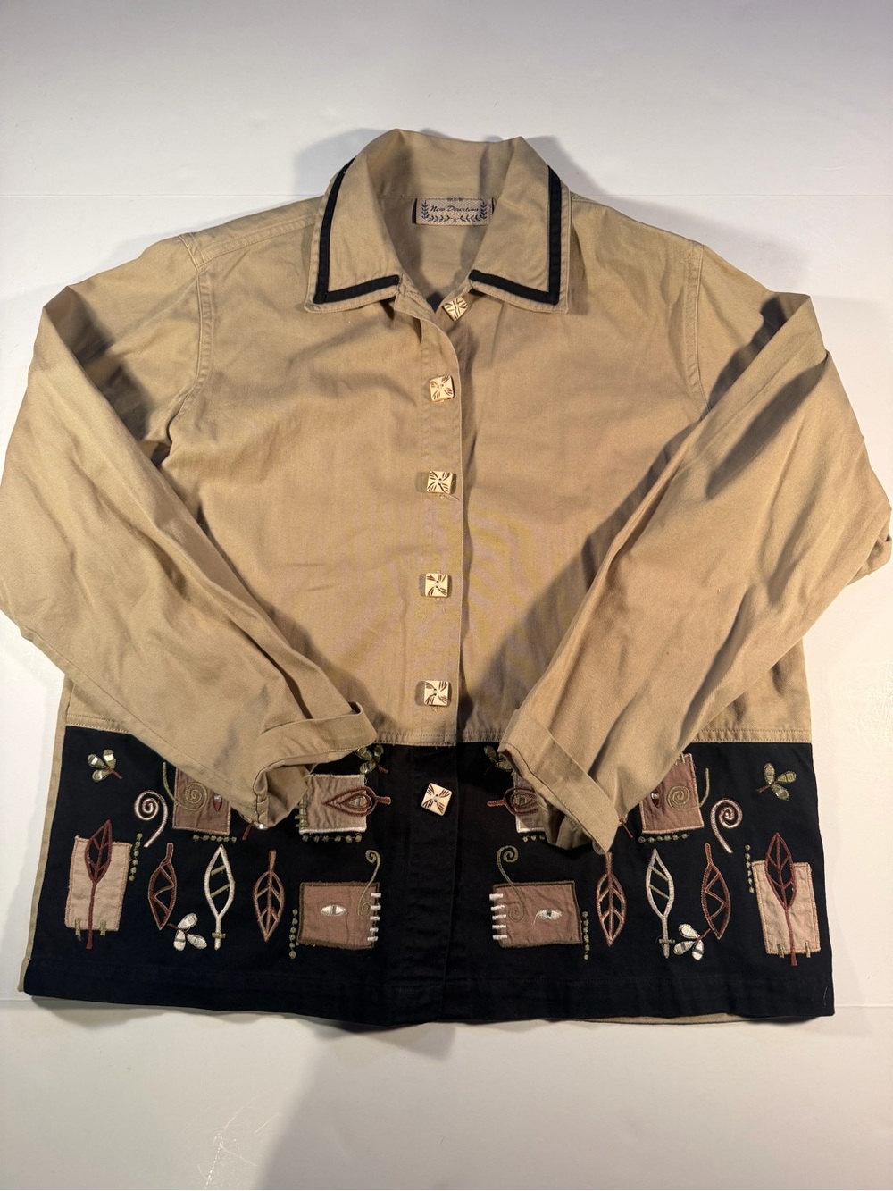 Vintage Directions Beige and Black Embroidered Utility Jacket - Size L